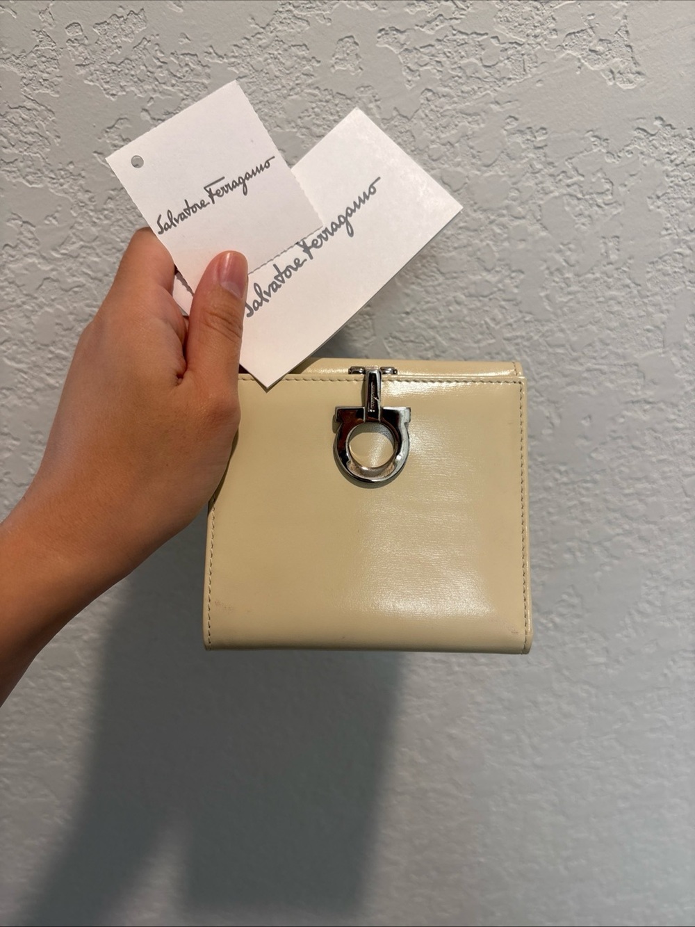 Salvatore Ferragamo Cream Patent Leather Gancini Wallet